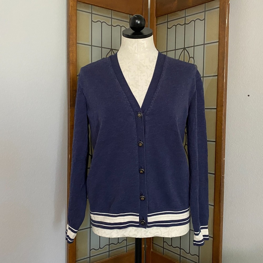 Tory Burch Navy and White Striped Hem V-Neck Cardigan
